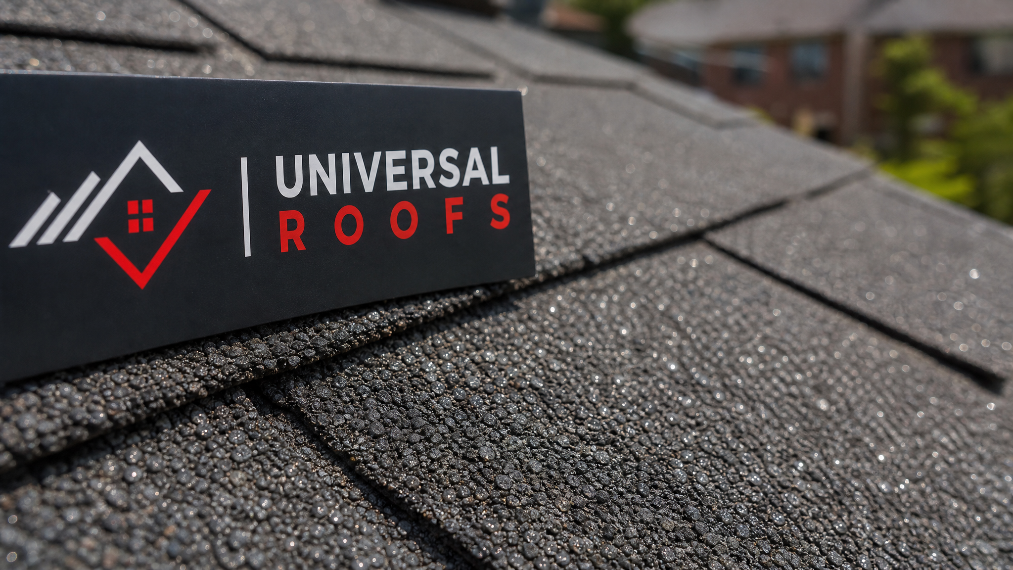 Close-up of clean asphalt shingle granules next to a Universal Roofs branded sign placard on a Toronto rooftop