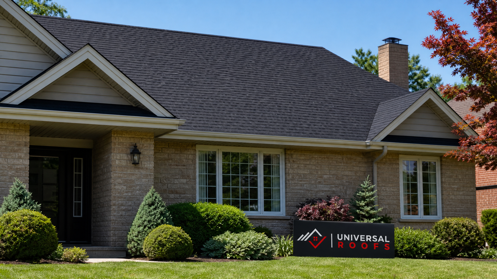 Freshly cleaned asphalt shingle roof on a Toronto home with no algae streaking, under bright summer daylight