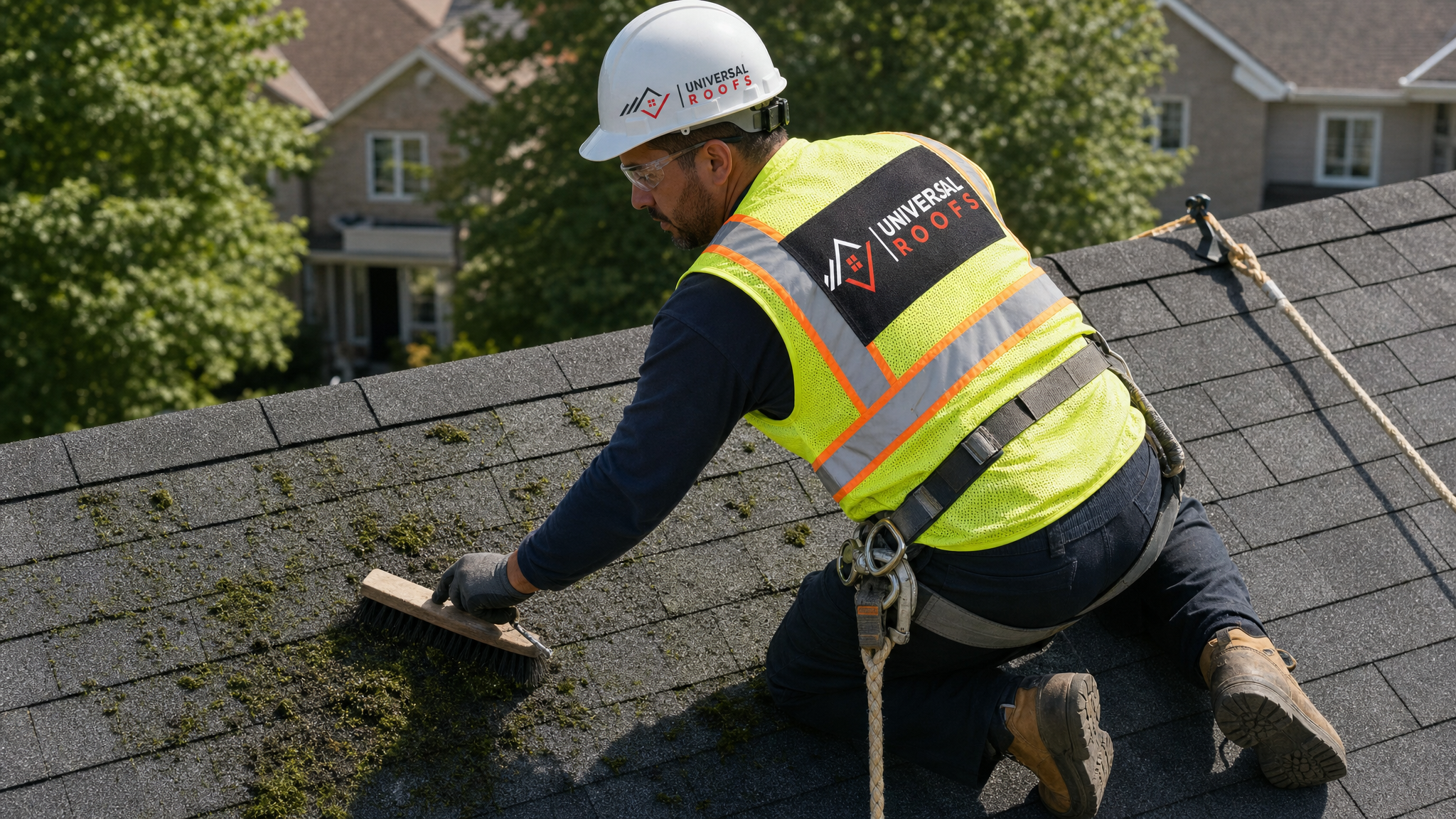 Roofer wearing full safety harness and PPE manually removing moss from an asphalt shingle roof in Toronto