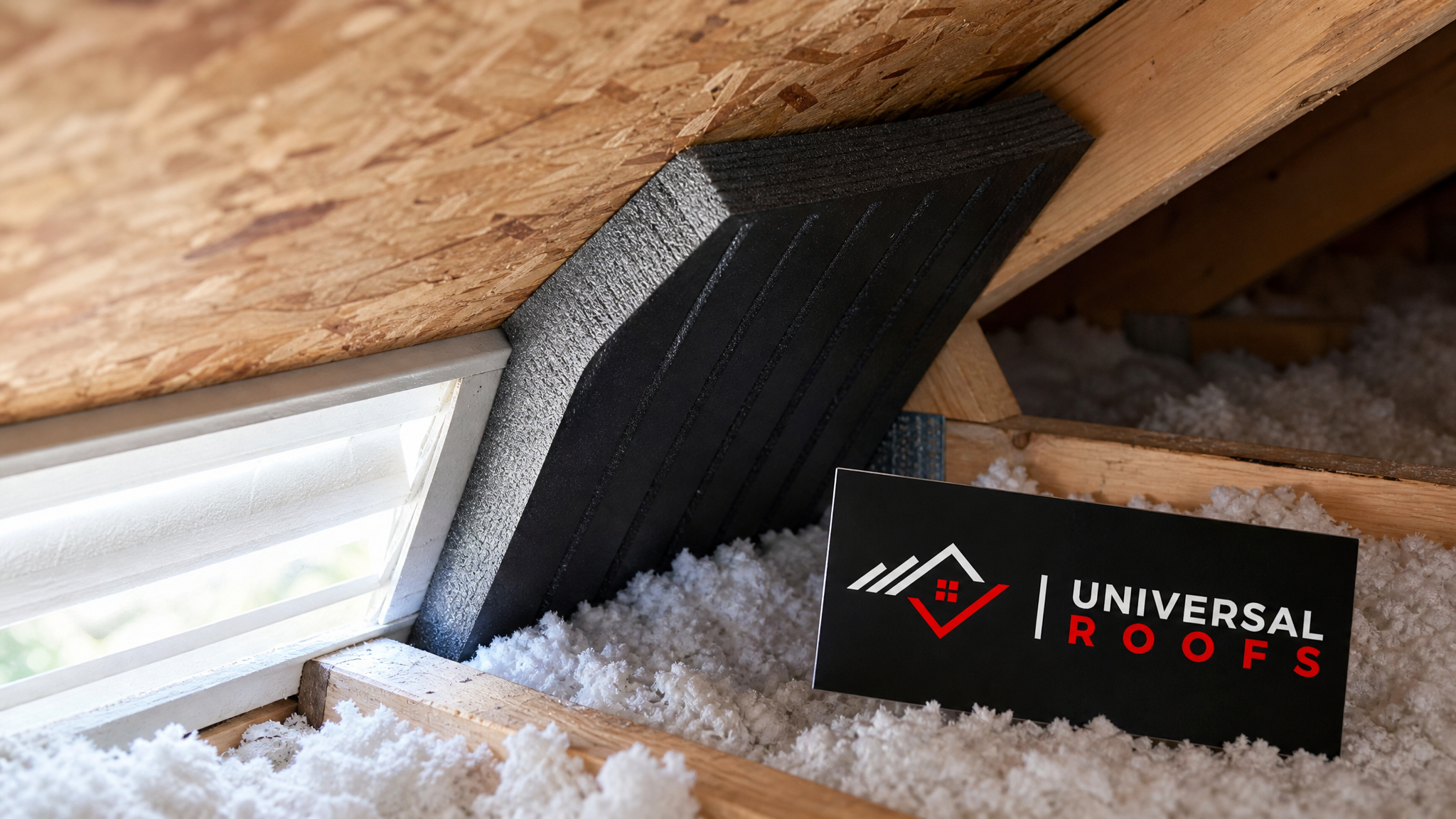 Close-up of a rigid attic ventilation baffle installed at a truss tail with insulation held back from the soffit vent