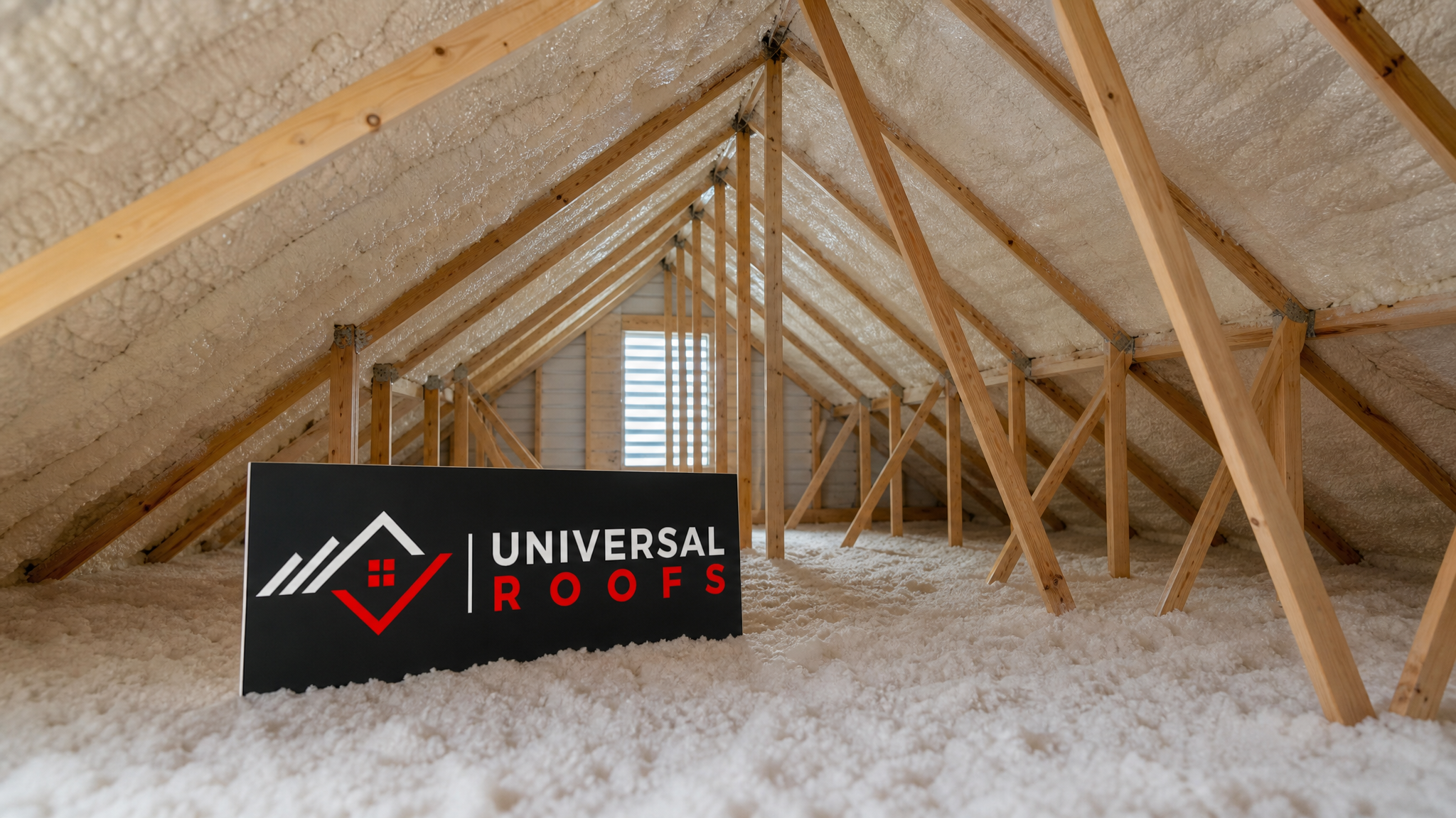 Finished attic truss system with new insulation and sealed joints in a Toronto home, summer daylight