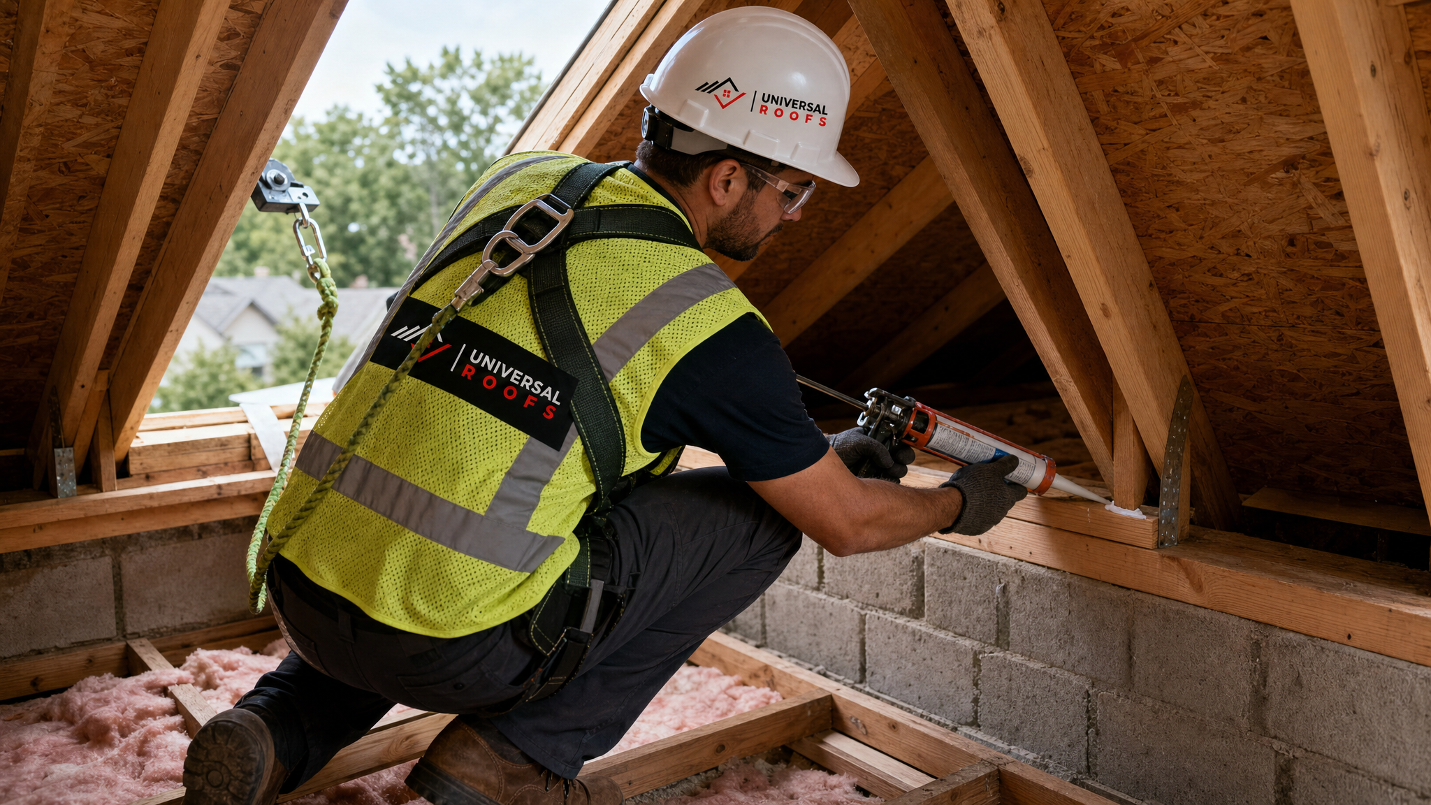Roofer wearing full safety harness and PPE sealing a truss joint from inside a Toronto attic