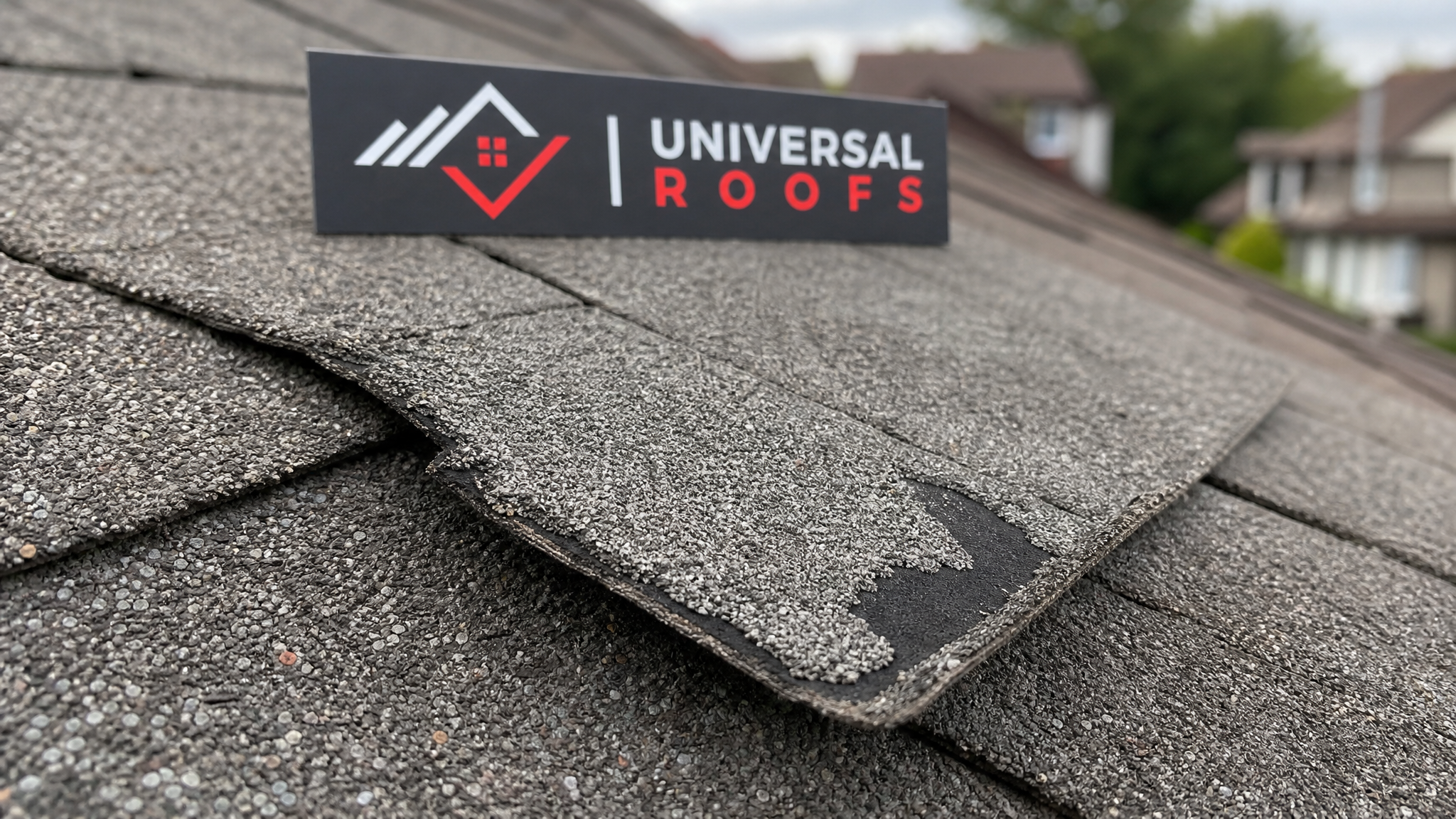 Close-up detail of a cracked and curling asphalt shingle showing granule loss and exposed asphalt on a Toronto roof