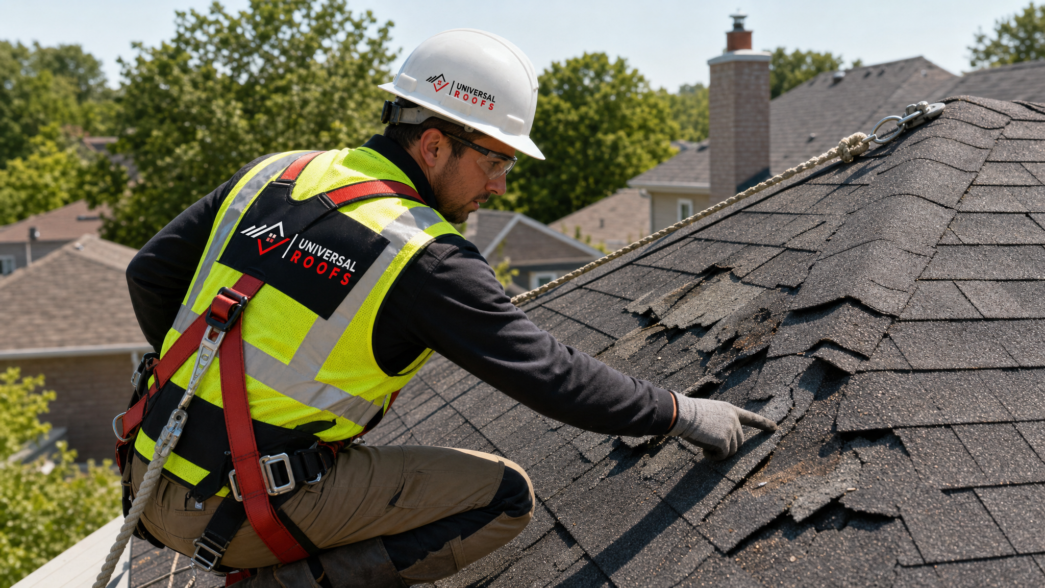 A roofer wearing full safety gear and a fall-protection harness inspecting damaged asphalt shingles on a residential roof in Toronto