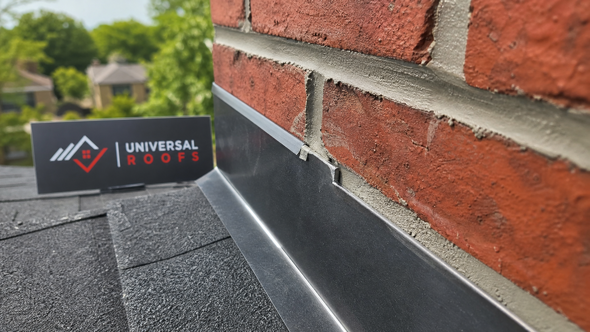 Close-up detail of new counter flashing embedded into a fresh mortar joint against chimney brick, with a Universal Roofs branded sign placard nearby