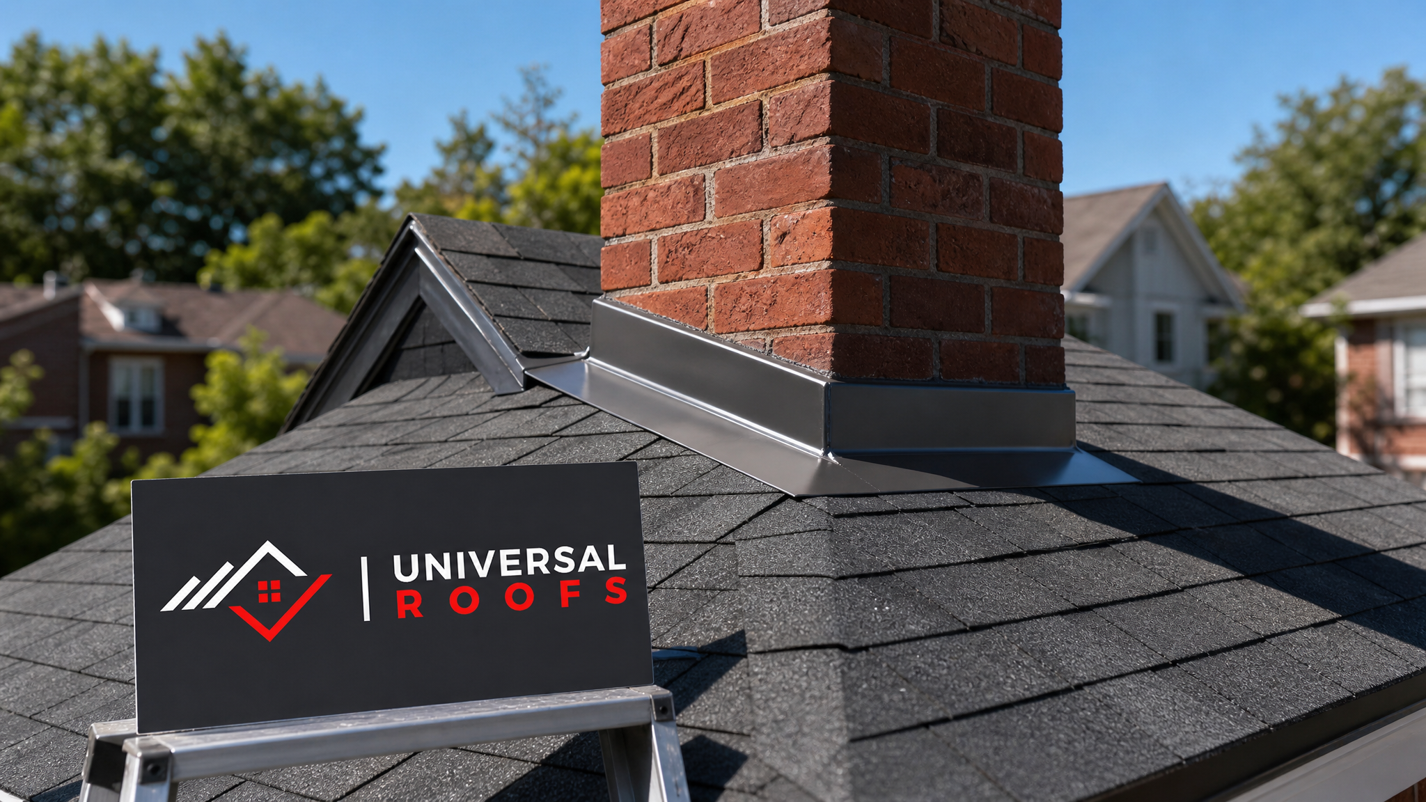 Newly repaired chimney flashing and roof patch on a Toronto home under clear summer daylight, with a Universal Roofs sign placard resting nearby