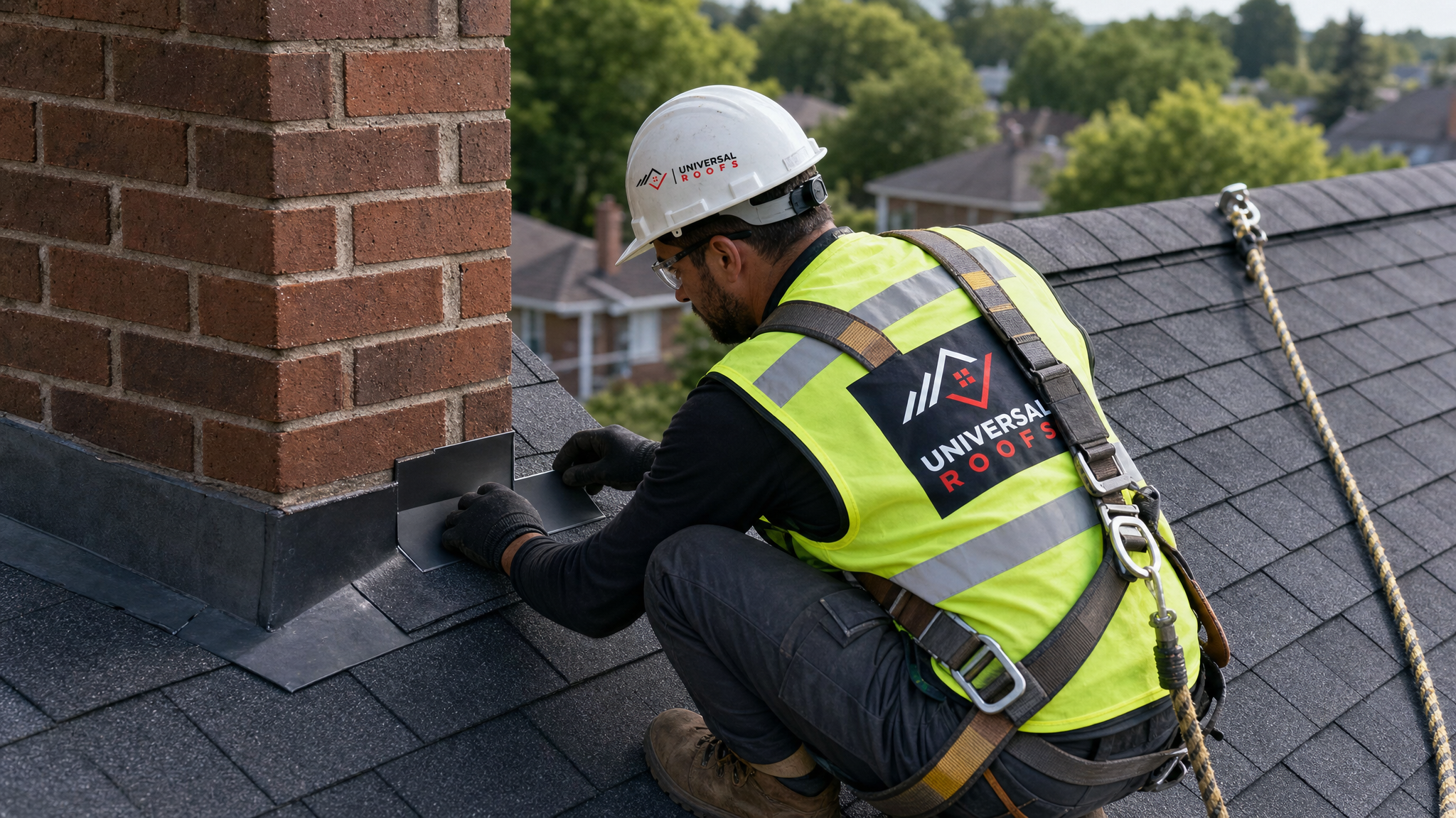 A roofer wearing full safety gear and a harness installs new step flashing around a chimney on a Toronto roof in daylight