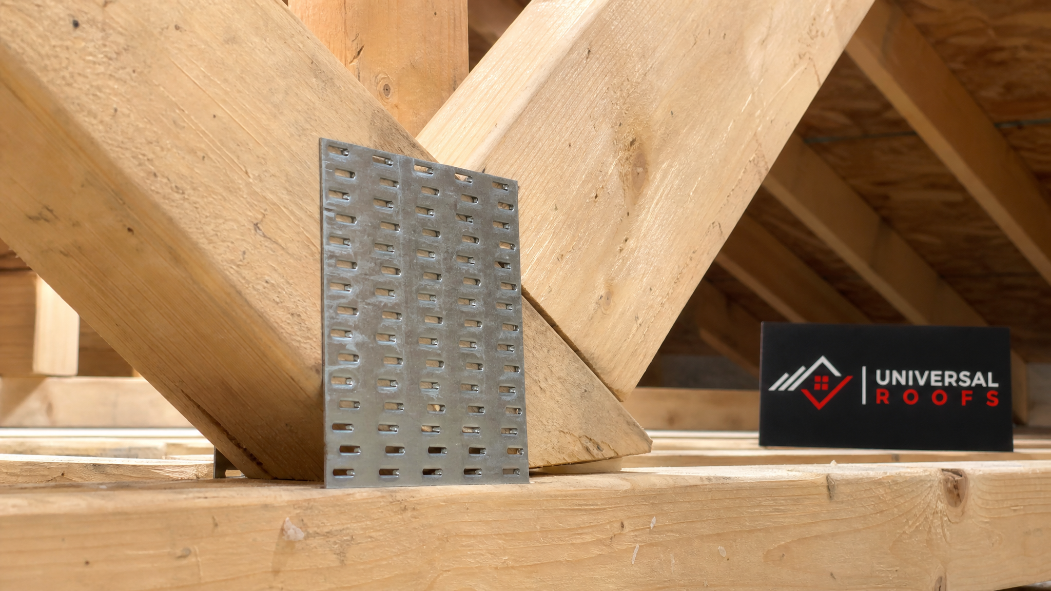 Close-up of a repaired truss connector plate and sistered lumber joint with Universal Roofs branded sign nearby