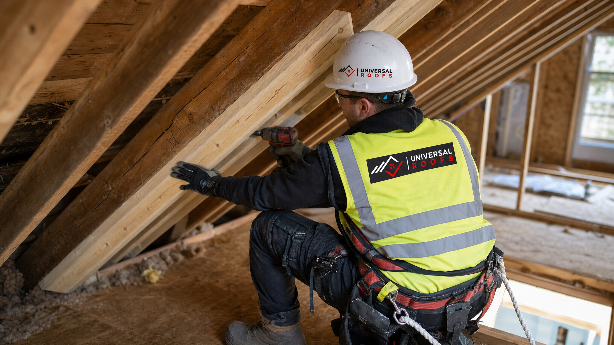 Roofer sistering a damaged wood truss member in an attic after storm damage, wearing full safety harness and PPE