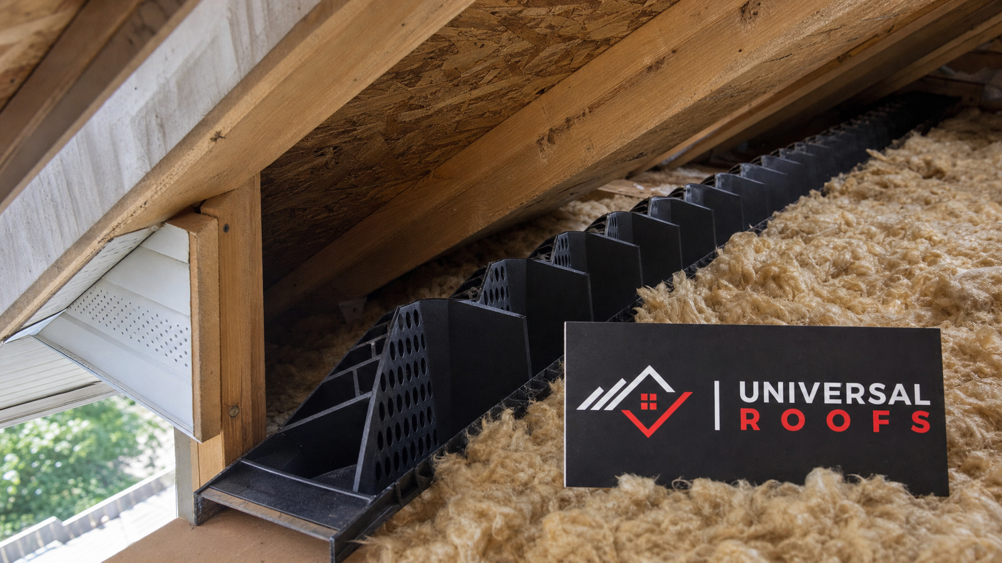 Close-up of properly installed attic baffle vent chute with fibreglass batt insulation and visible airflow channel