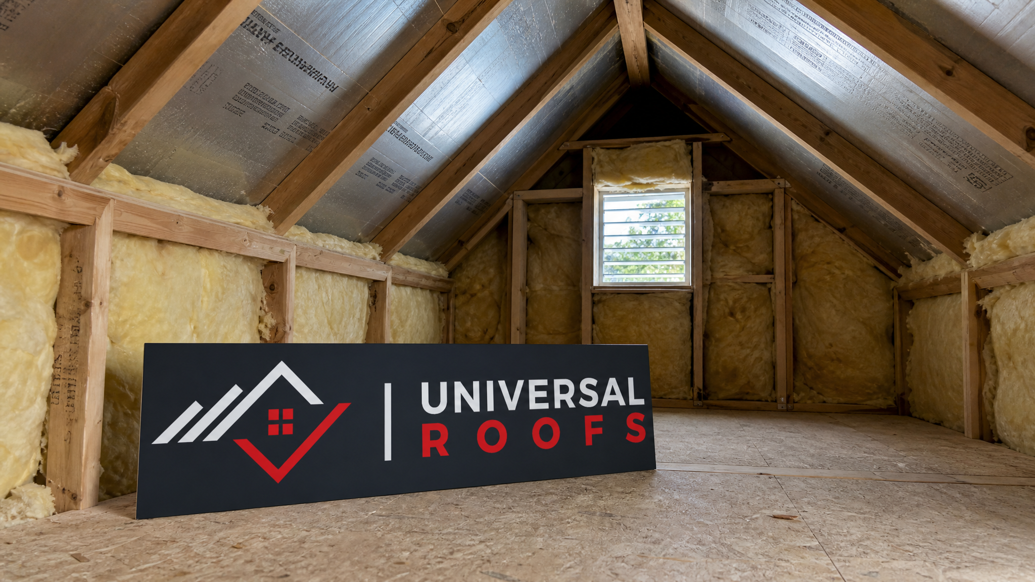 Newly insulated pitched attic roof with visible batt and spray foam insulation between rafters in a Toronto home