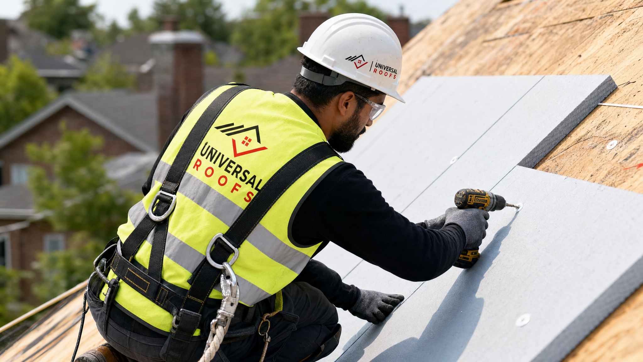 Roofer installing rigid foam board insulation on a pitched roof deck while secured with a fall protection harness