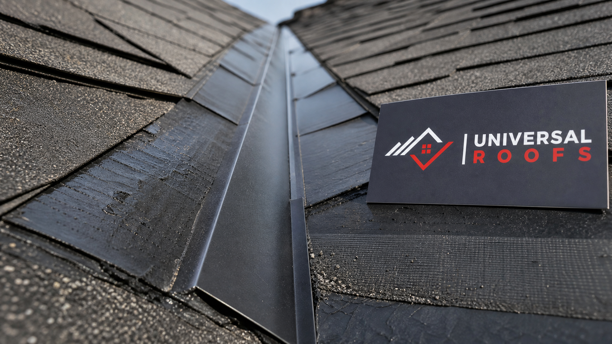 Close-up of properly installed ice and water shield membrane and metal valley flashing on a roof deck
