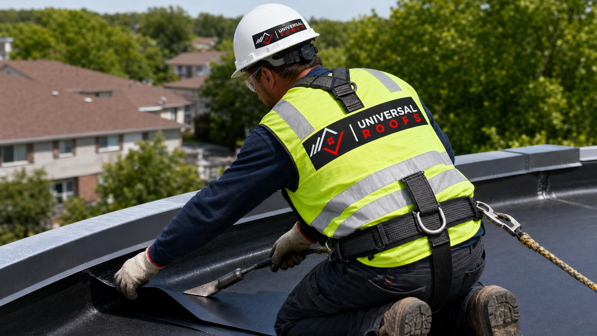 Roofer wearing full safety harness and PPE applying a waterproofing membrane along a roof edge on a GTA home during daytime