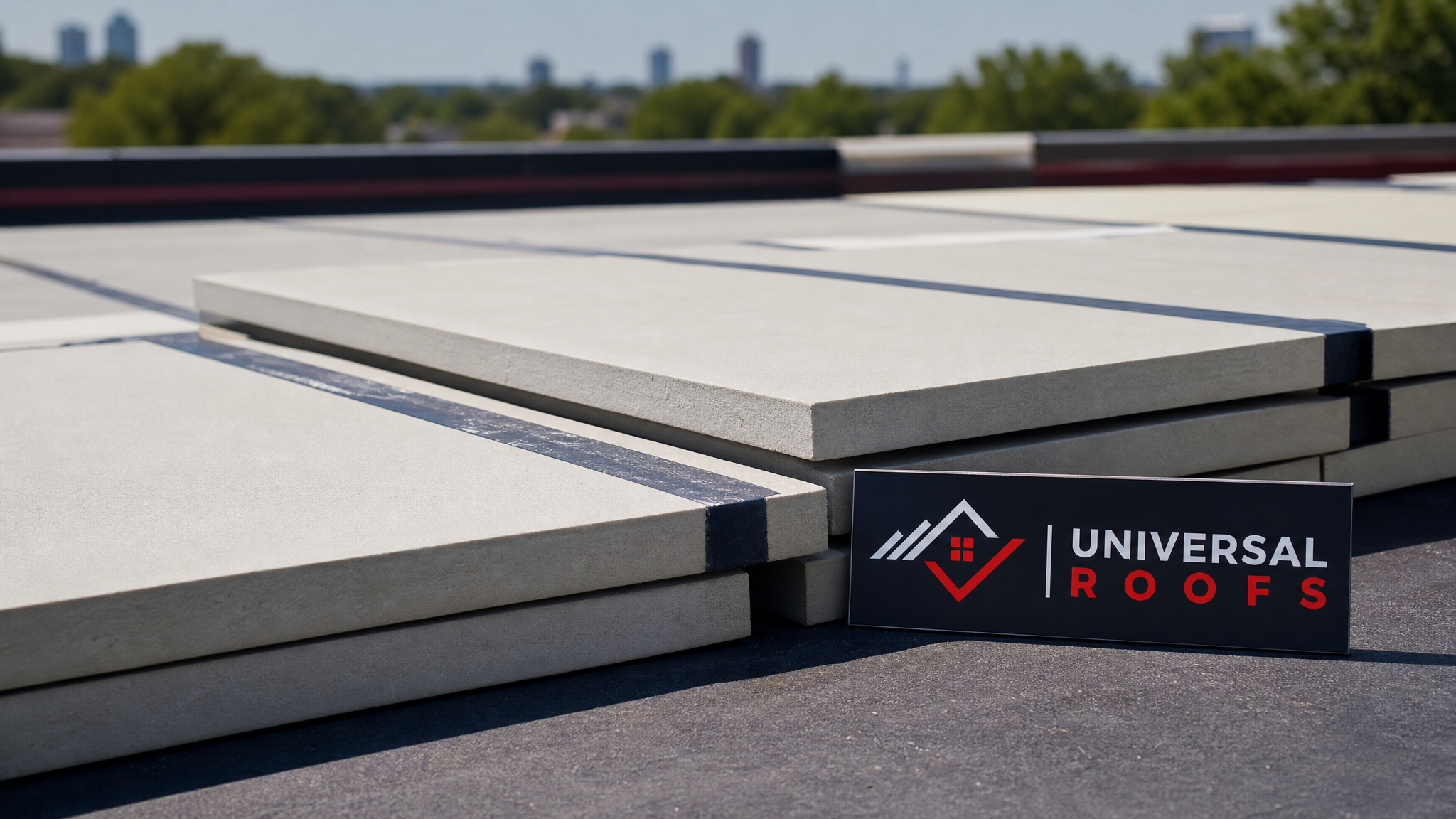 Close-up detail of layered rigid roof insulation boards with taped seams on a commercial roof deck