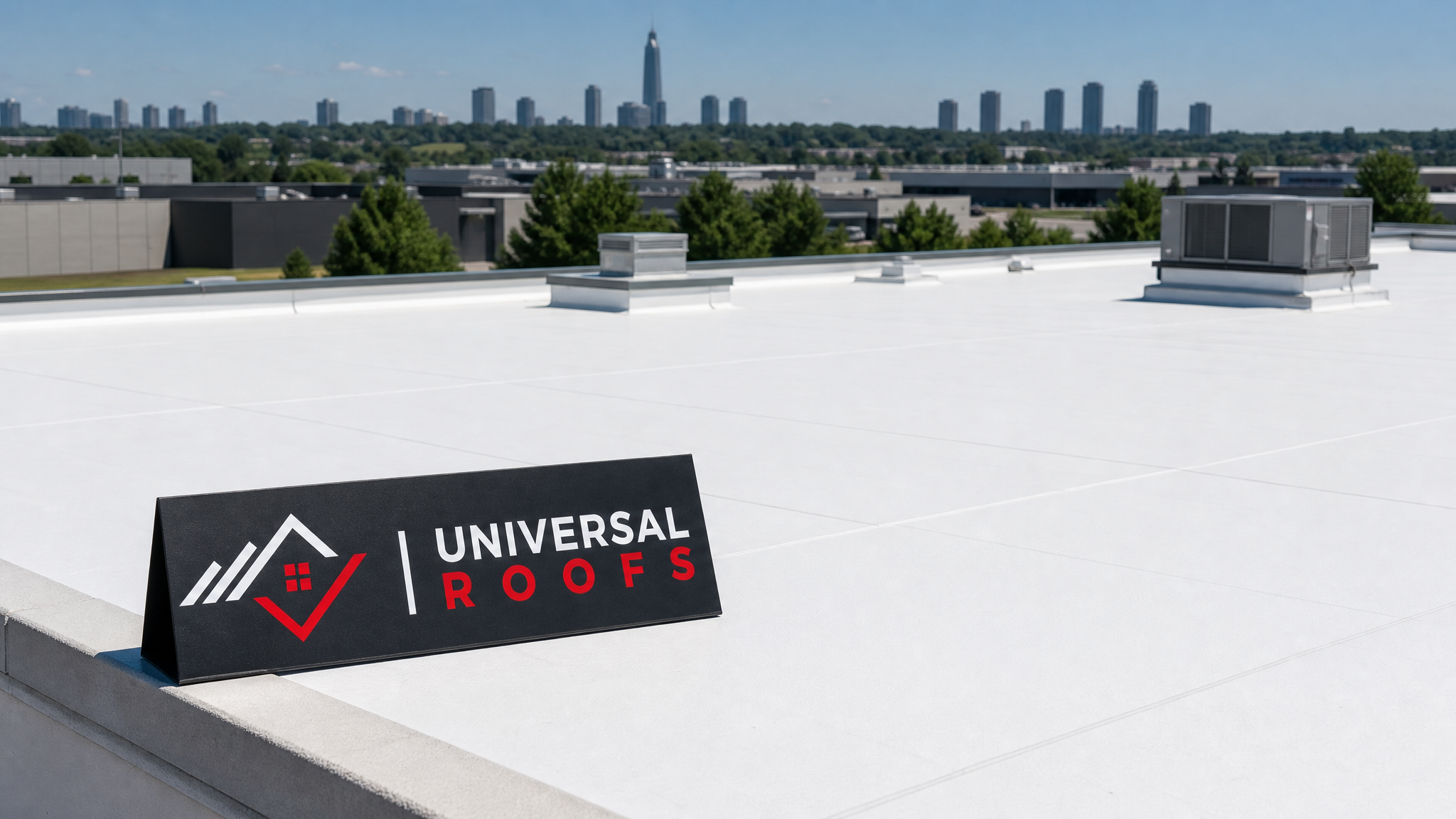 Finished commercial flat roof in Toronto with new insulation and membrane installed under summer daylight, branded Universal Roofs sign placard resting on the roof surface