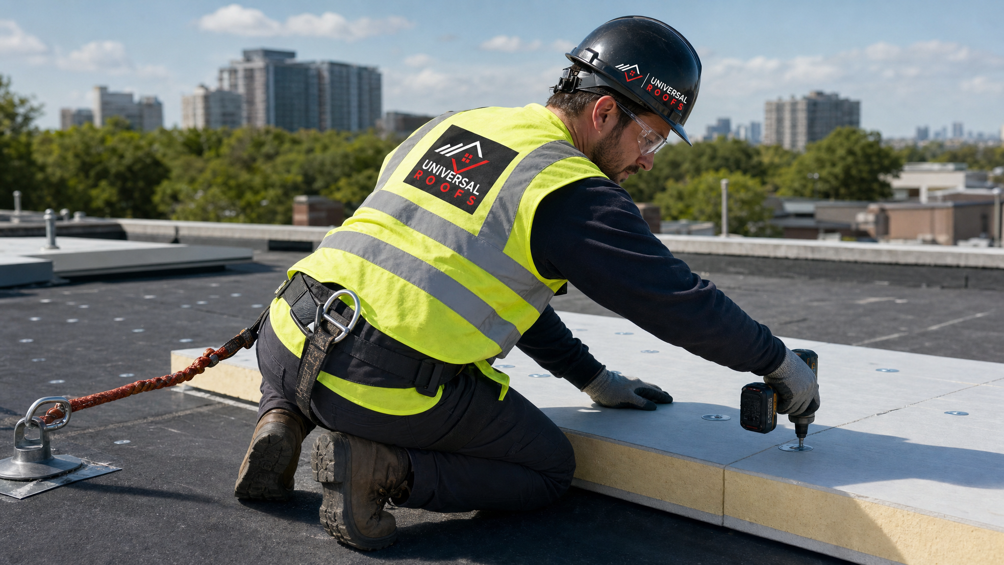 Roofing worker installing rigid polyisocyanurate insulation boards on a commercial flat roof, wearing full safety harness and PPE