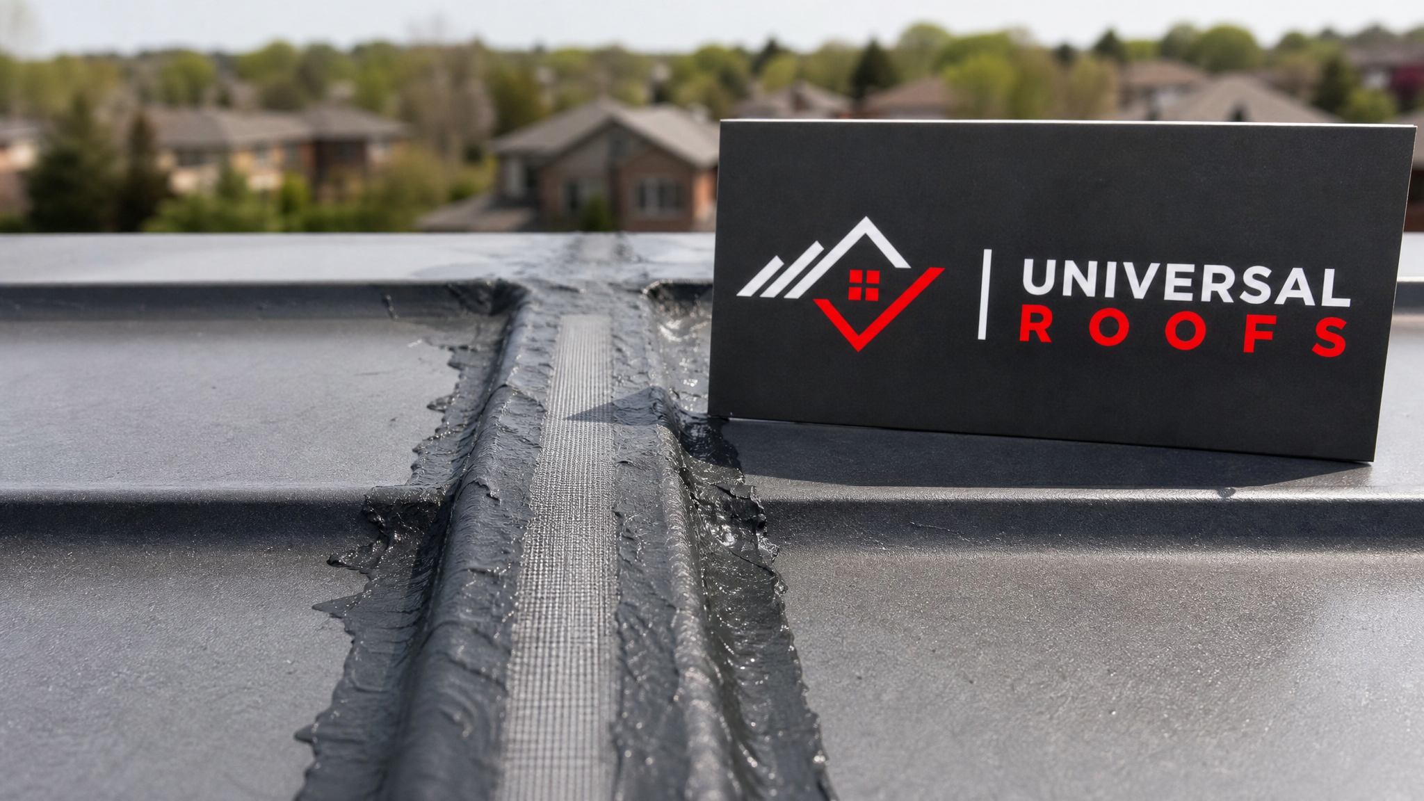 Close-up of a reinforced roof coating seam with fabric mesh embedded in rubberized liquid membrane on a metal roof edge in Toronto