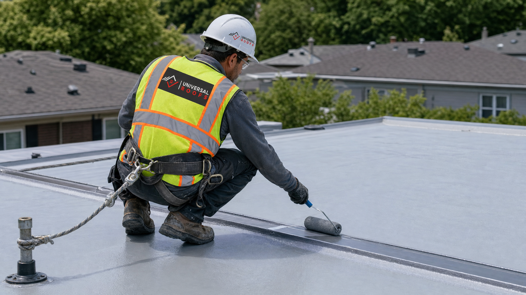 Roofer in full safety harness and PPE applying a rubberized liquid roof coating with a roller along a metal roof seam on a Toronto home