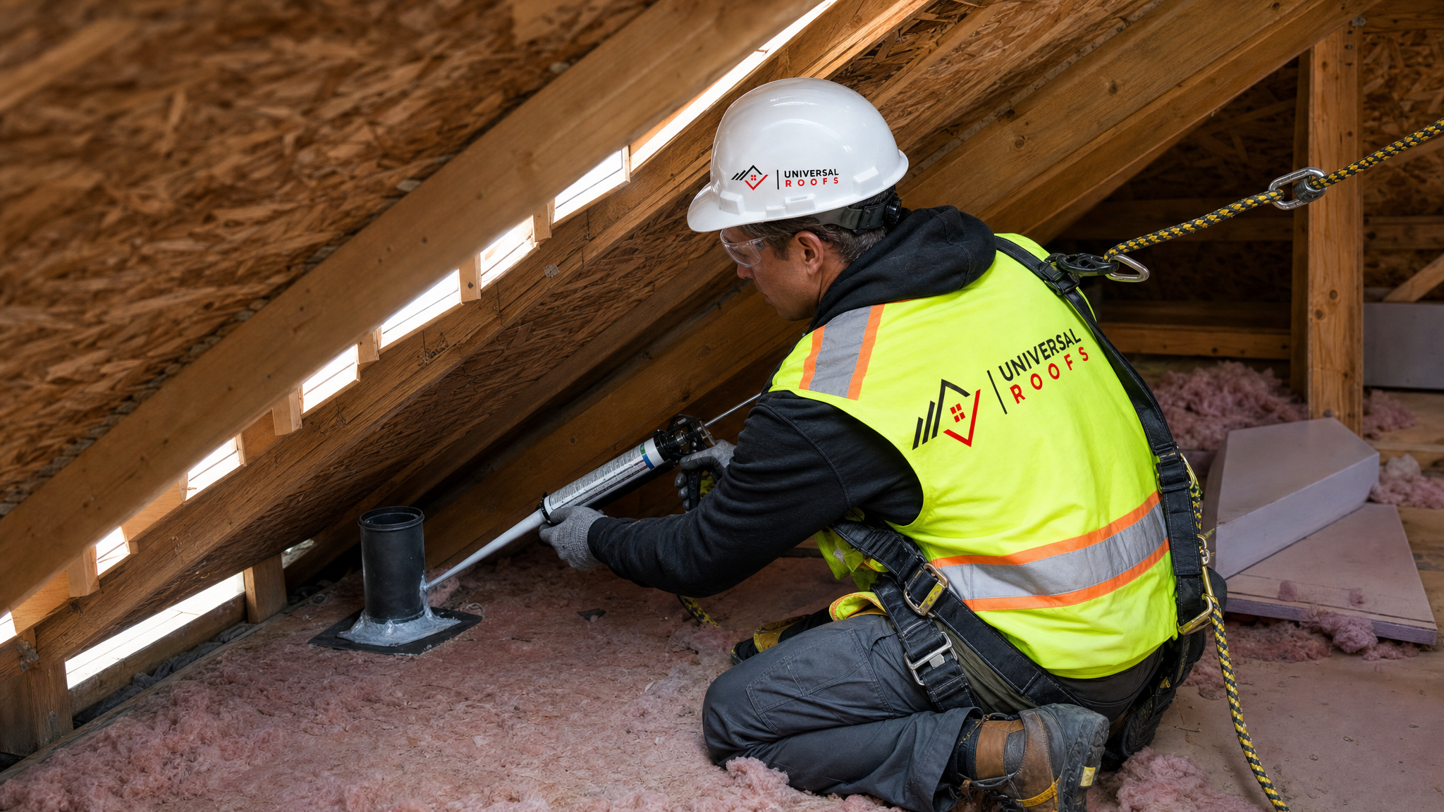 Roofing technician wearing full safety harness sealing an attic air leak near the roof edge on a Toronto home