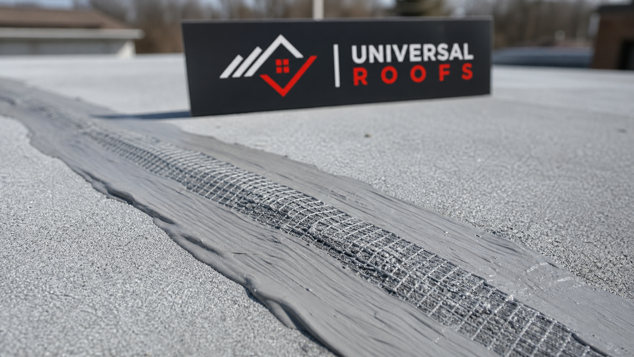 Close-up of a flat roof seam showing properly applied elastomeric sealant and reinforcing fabric