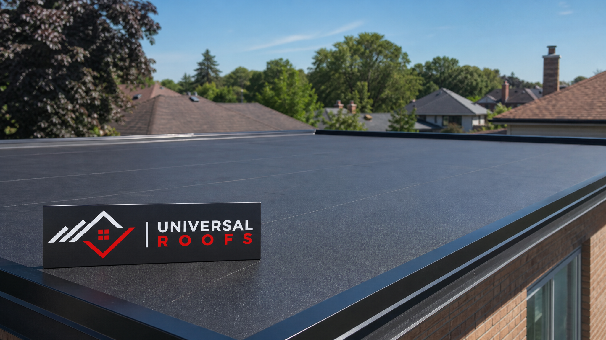 Freshly sealed flat roof membrane on a Toronto home glowing under summer daylight with a clean, uniform seal