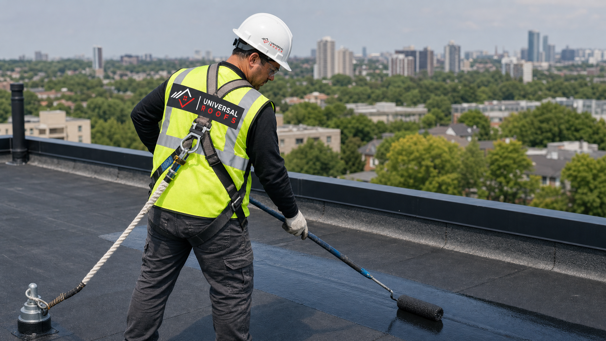 Roofing technician applying flat roof sealant with a roller while wearing full fall-protection safety gear on a Toronto rooftop
