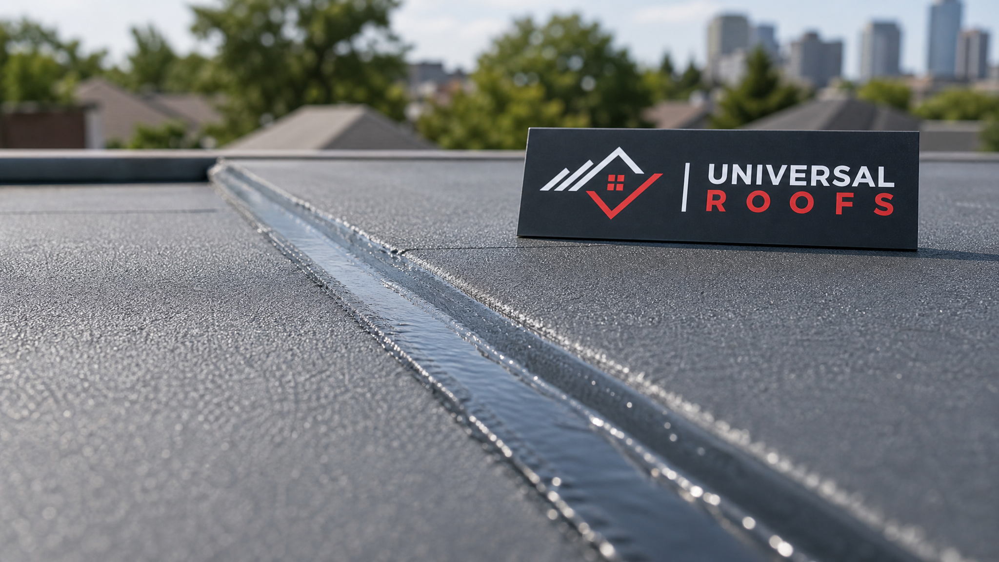 Close-up of a roof waterproofing membrane seam with sealant application