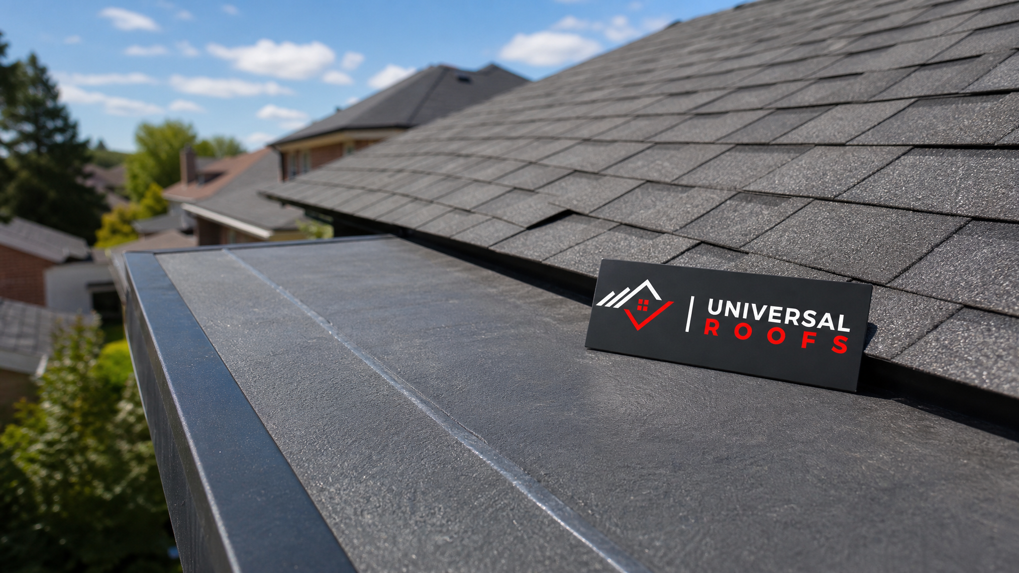 Well-maintained Toronto home roof with waterproofing membrane visible on a low-slope section in summer daylight