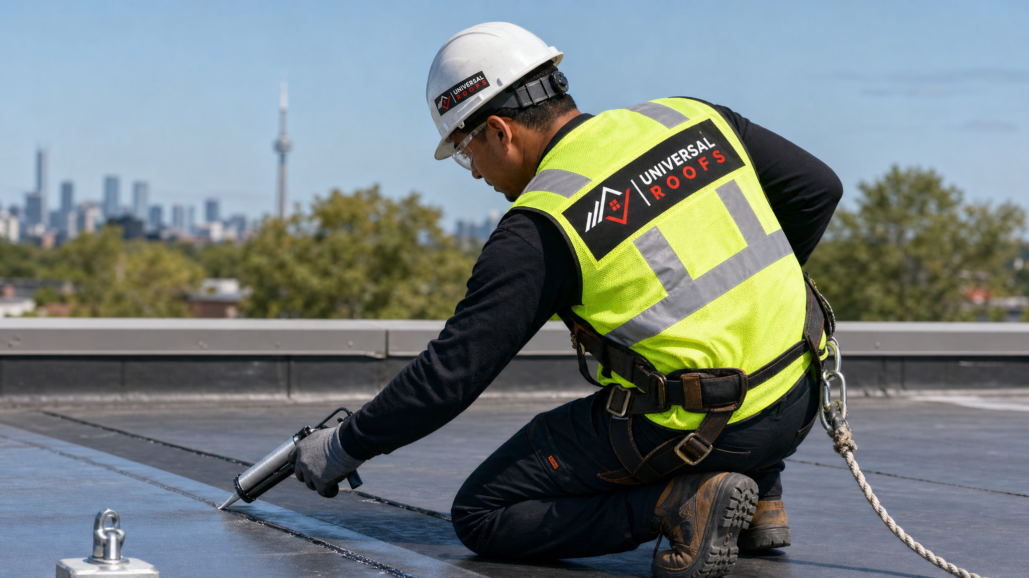 Roofer in full safety gear applying waterproof membrane sealant along a roof seam