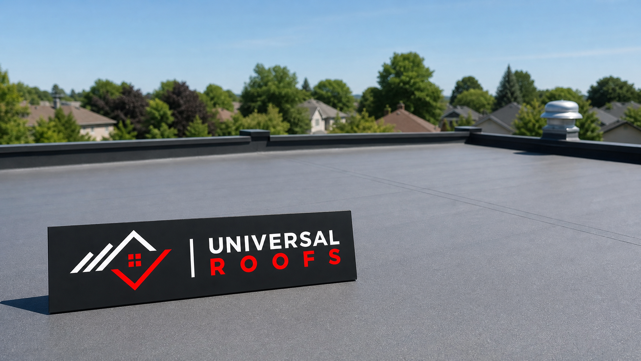 Freshly repaired flat roof membrane on a Toronto home under clear summer sky with a Universal Roofs branded sign placard resting nearby