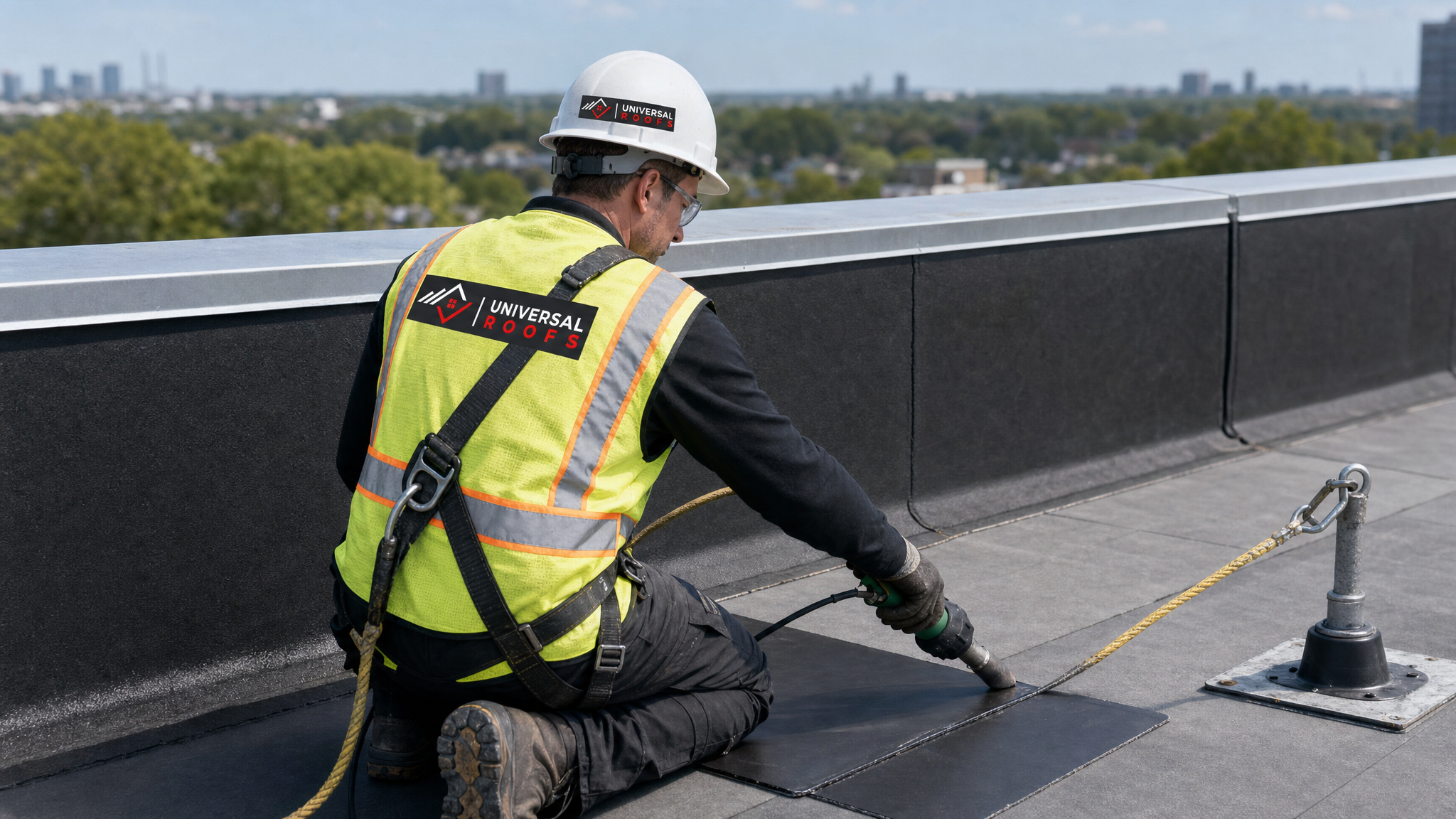 Roofer wearing a hard hat, hi-vis vest, harness and safety rope applying a membrane patch on a flat roof leak repair in Toronto