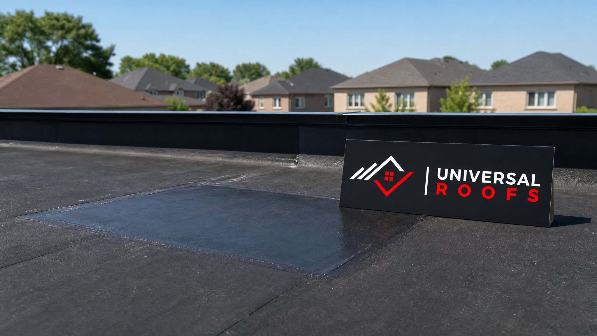 A newly completed flat roof patch on a Toronto home, sealed smooth and blending into the surrounding membrane on a sunny summer day