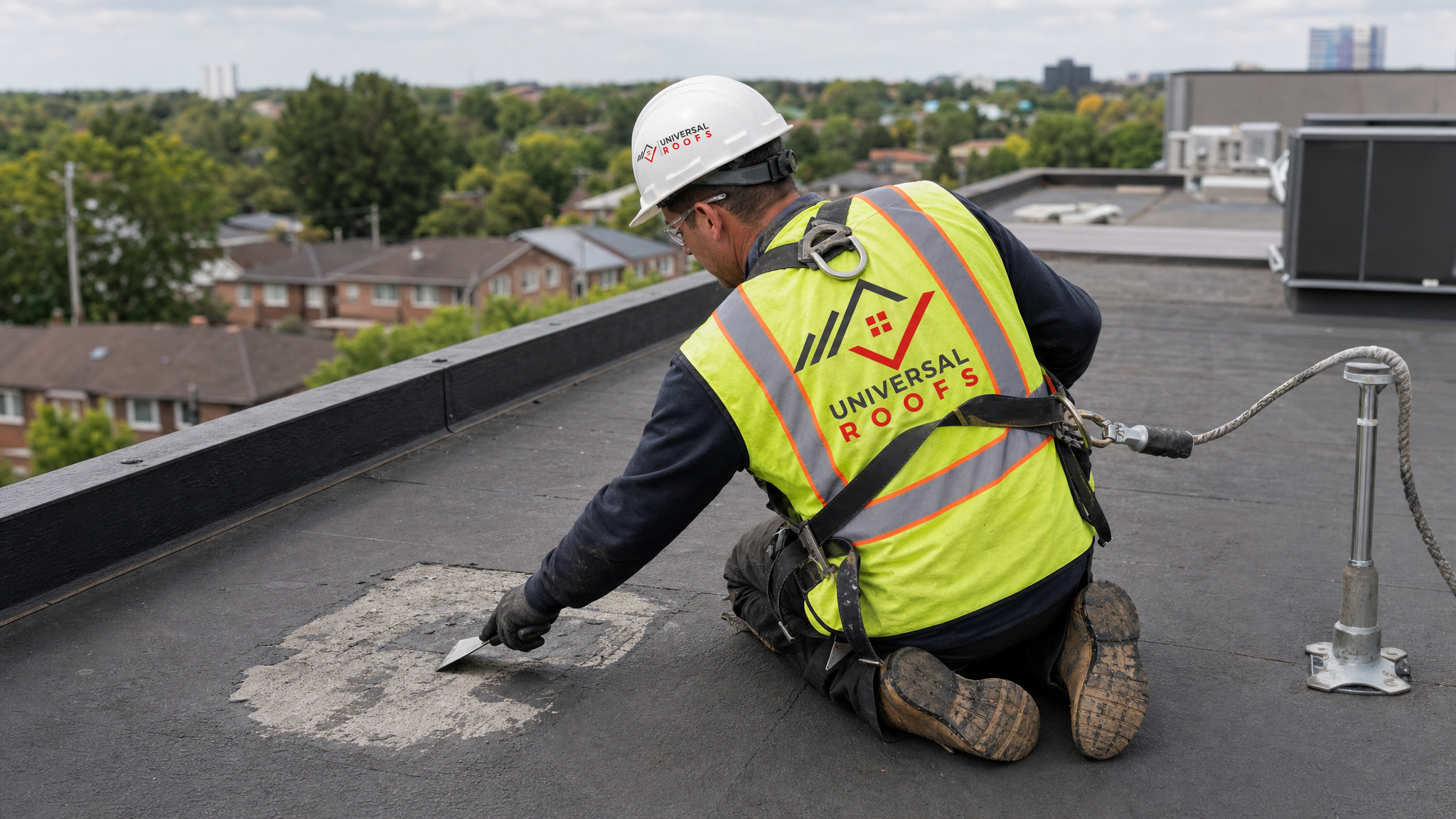 A roofing technician wearing full safety gear and a harness carefully preparing a flat roof membrane surface before applying a patch