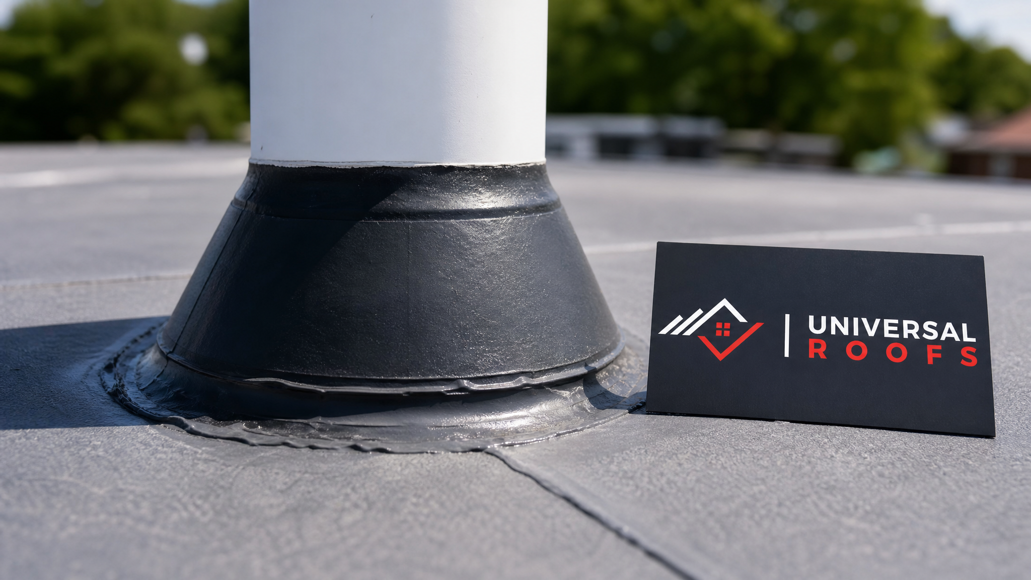 Close-up detail of a flat roof vent stack and membrane flashing showing correct sealing technique