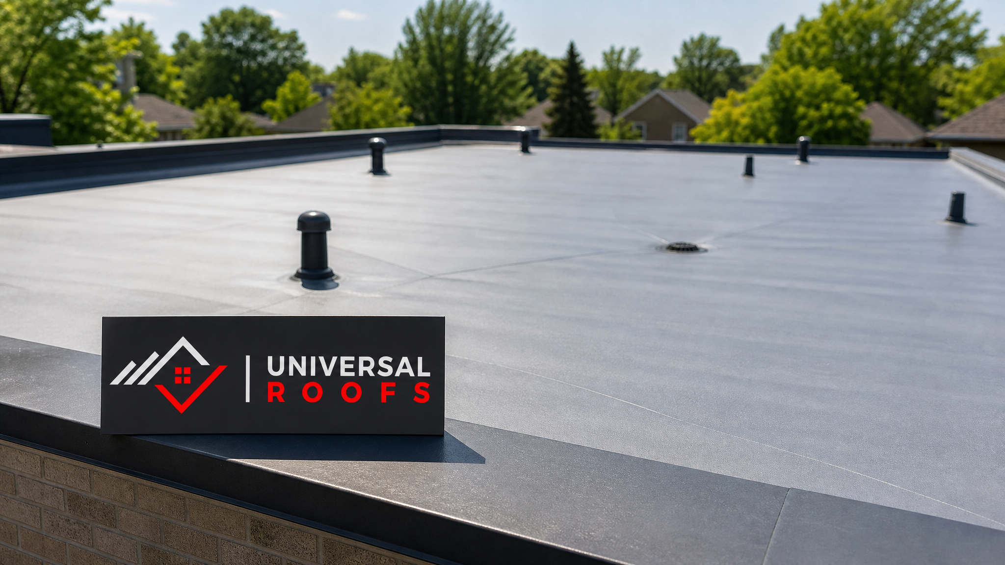 A well-ventilated flat roof on a Toronto home showing vent stacks and a clean membrane surface in summer daylight