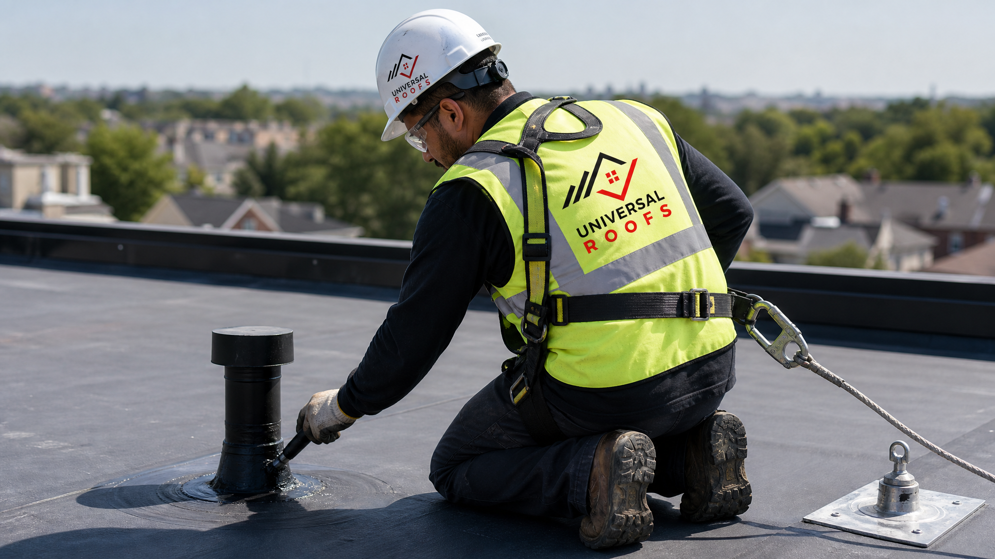 A roofer wearing full safety harness and PPE installing a roof vent stack on a flat roof deck