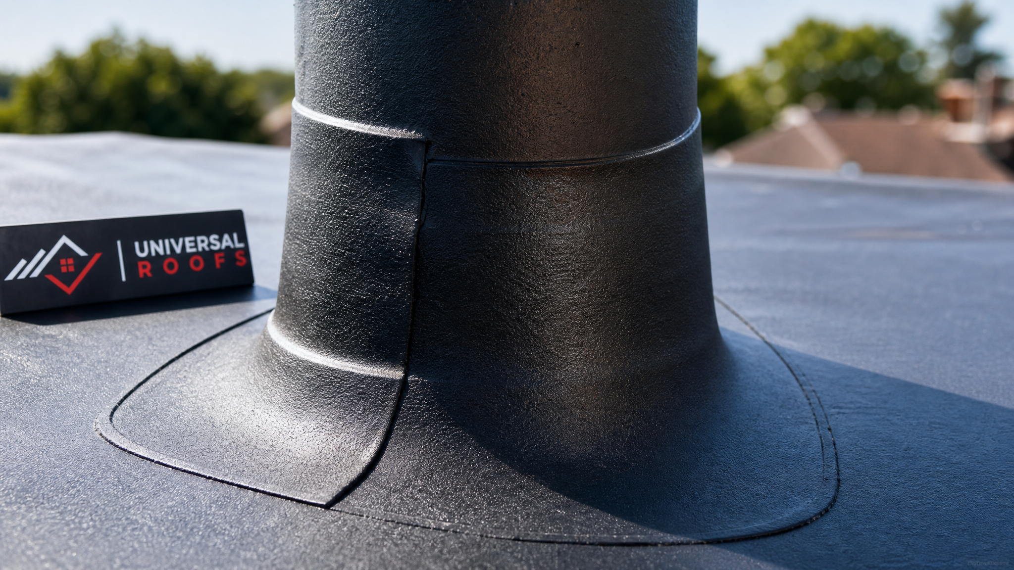 Close-up of a fully sealed rubberized roof flashing detail around a vent pipe showing quality waterproofing workmanship