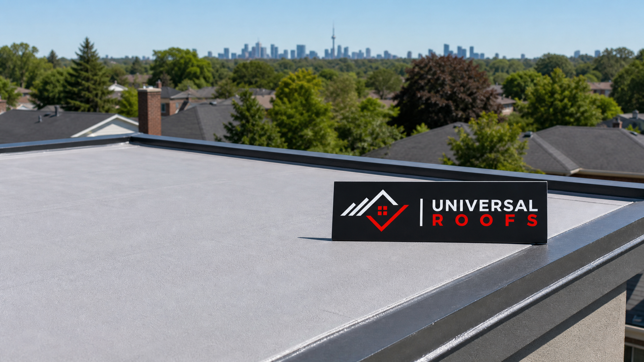 Freshly waterproofed flat roof membrane on a Toronto home glowing under summer daylight with a branded sign placard nearby