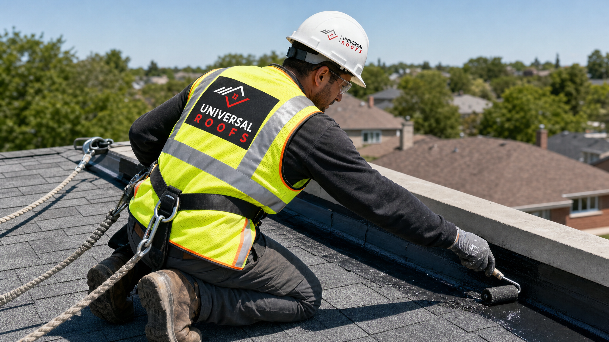 Roofing contractor applying liquid waterproof membrane sealant at a roof seam while wearing full safety harness and PPE