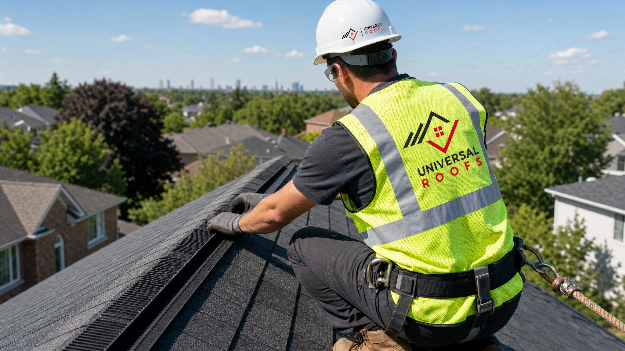 Roofer wearing full safety harness and PPE installing a ridge vent along the peak of a residential roof in daylight