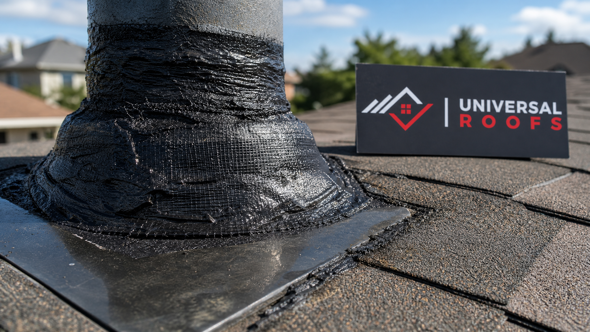 Close-up of reinforced roof flashing sealant application at a vent penetration with a Universal Roofs branded sign placard nearby