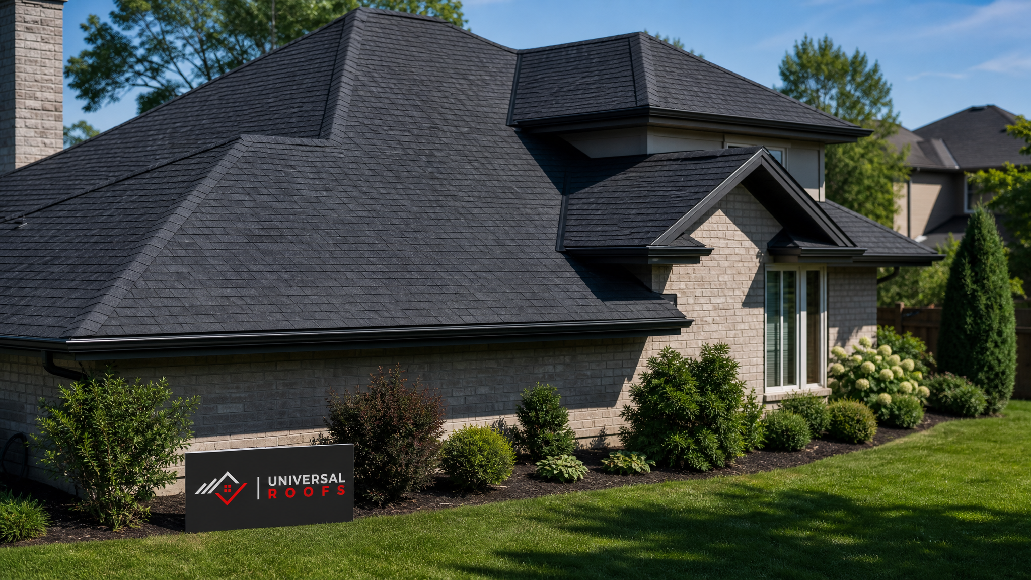 Freshly sealed asphalt shingle roof on a Toronto home glistening under clear summer daylight with a branded sign placard resting nearby