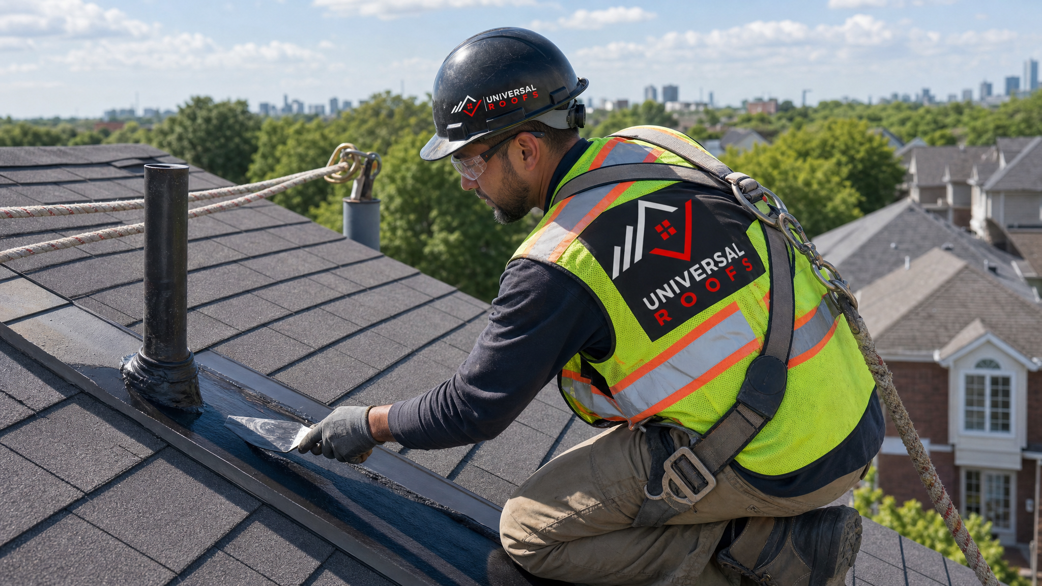 Roofer wearing full safety harness, hard hat, and hi-vis vest applying sealant along a roof seam on a Toronto home in summer daylight