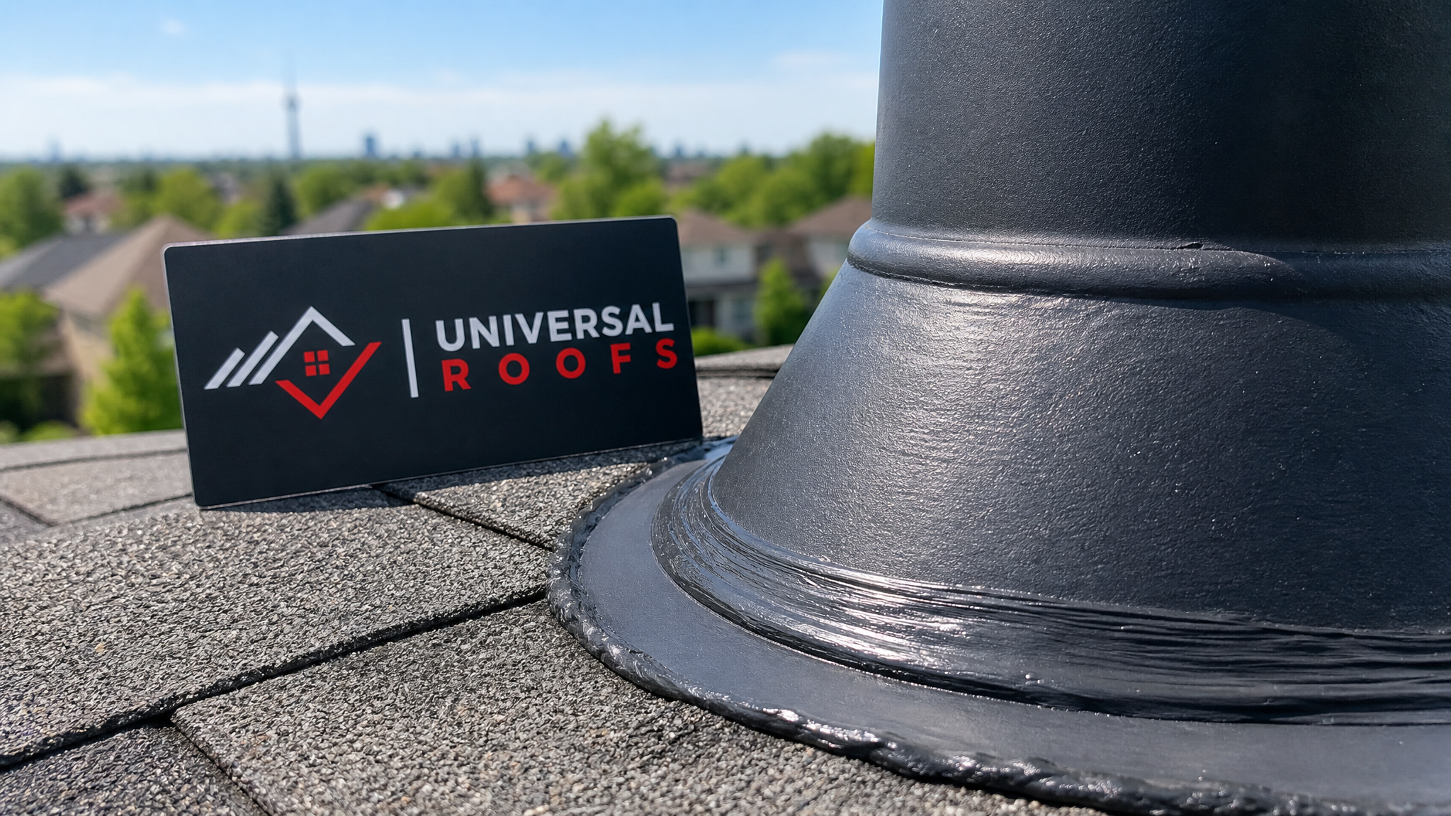 Close-up of a roof vent boot base with fresh sealant bead and a Universal Roofs branded sign placard nearby, Toronto rooftop in daylight