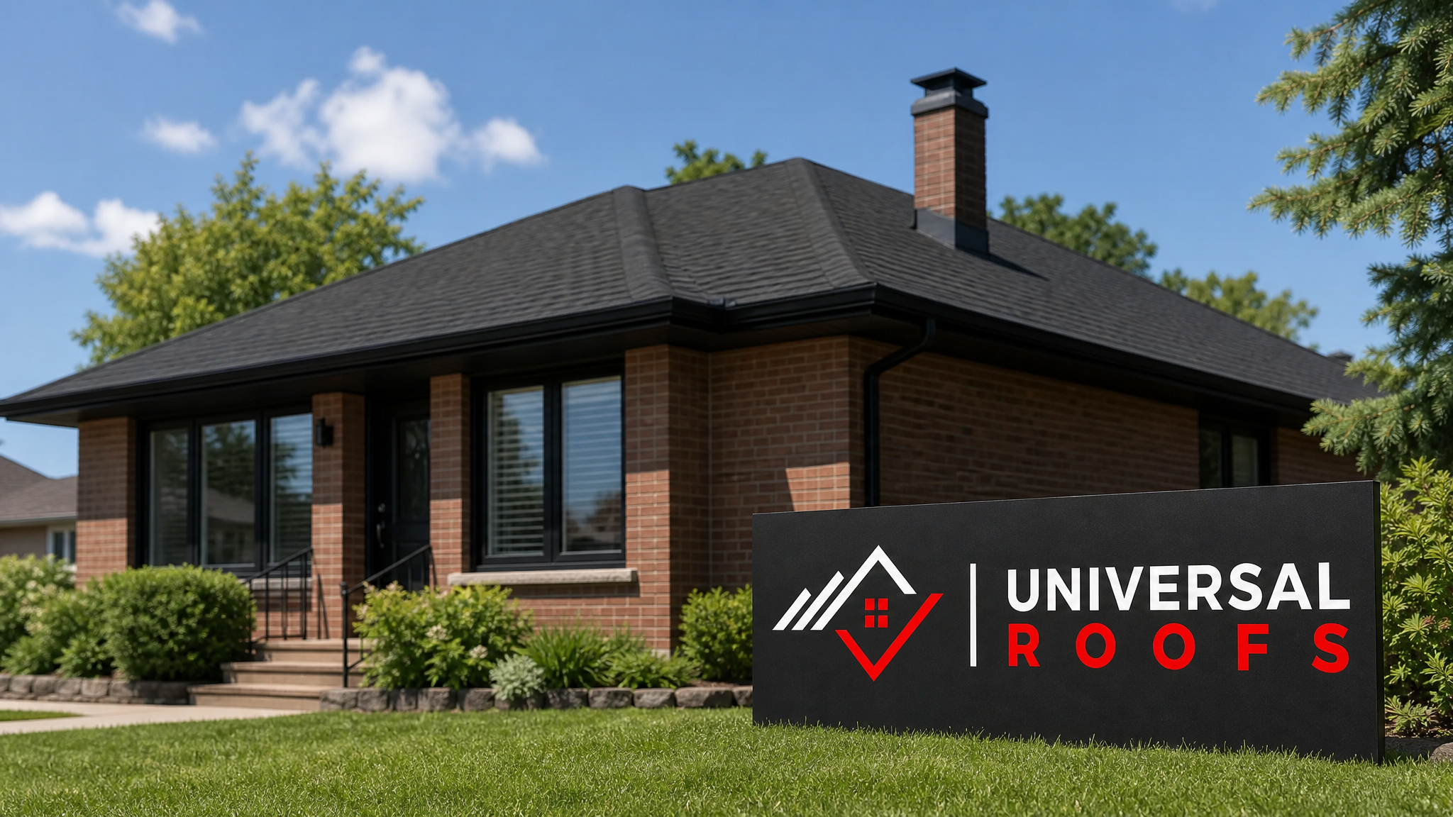 Quiet, freshly sealed asphalt shingle roof on a Toronto-area home in summer daylight with a Universal Roofs branded sign placard resting on the lawn