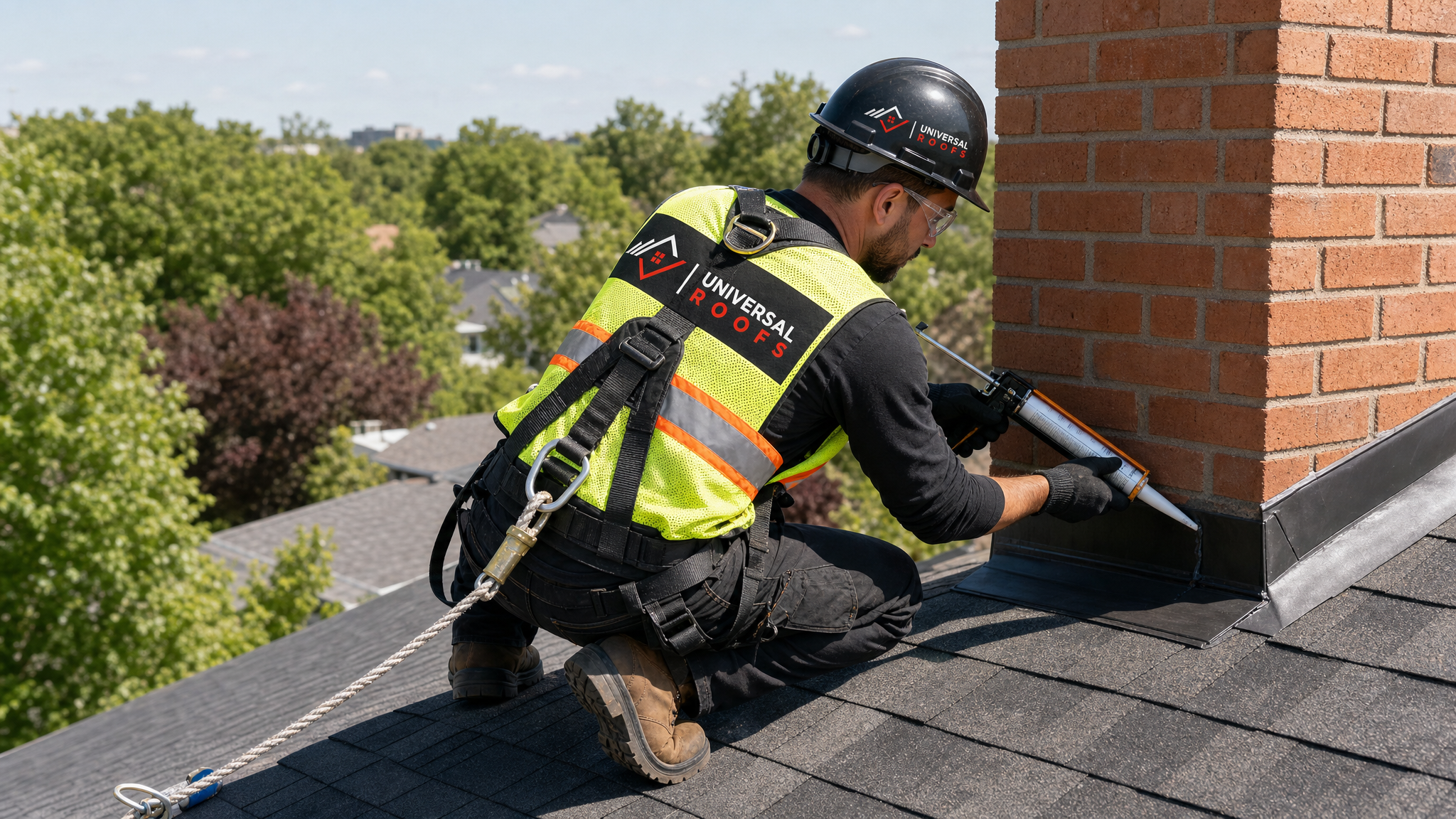 Roofer wearing full safety harness applying sealant around roof flashing on a Toronto home in daylight, with Universal Roofs logo on hard hat and hi-vis vest