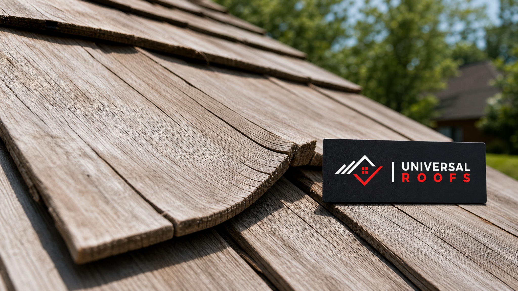 Close-up detail of an individual cedar shake showing wood grain, natural weathering, and a branded inspection sign placard nearby