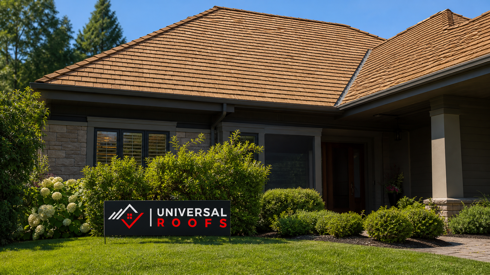 A well-maintained wood shake roof on a Toronto-area home in bright summer daylight, showing evenly toned cedar shakes in good condition