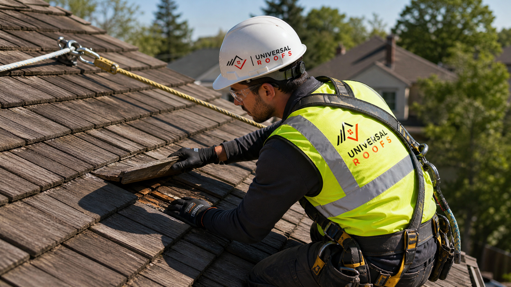 A roofer wearing a hard hat, high-visibility vest, safety glasses, gloves, and a fall-protection harness inspecting individual cedar shakes on a sloped roof